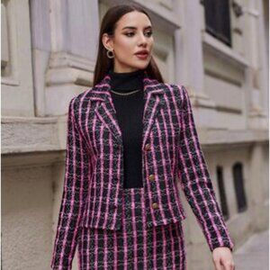 Vintage Chanel Style Evan Picone Purple Wool Tweed Plaid Skirt Suit - Size M